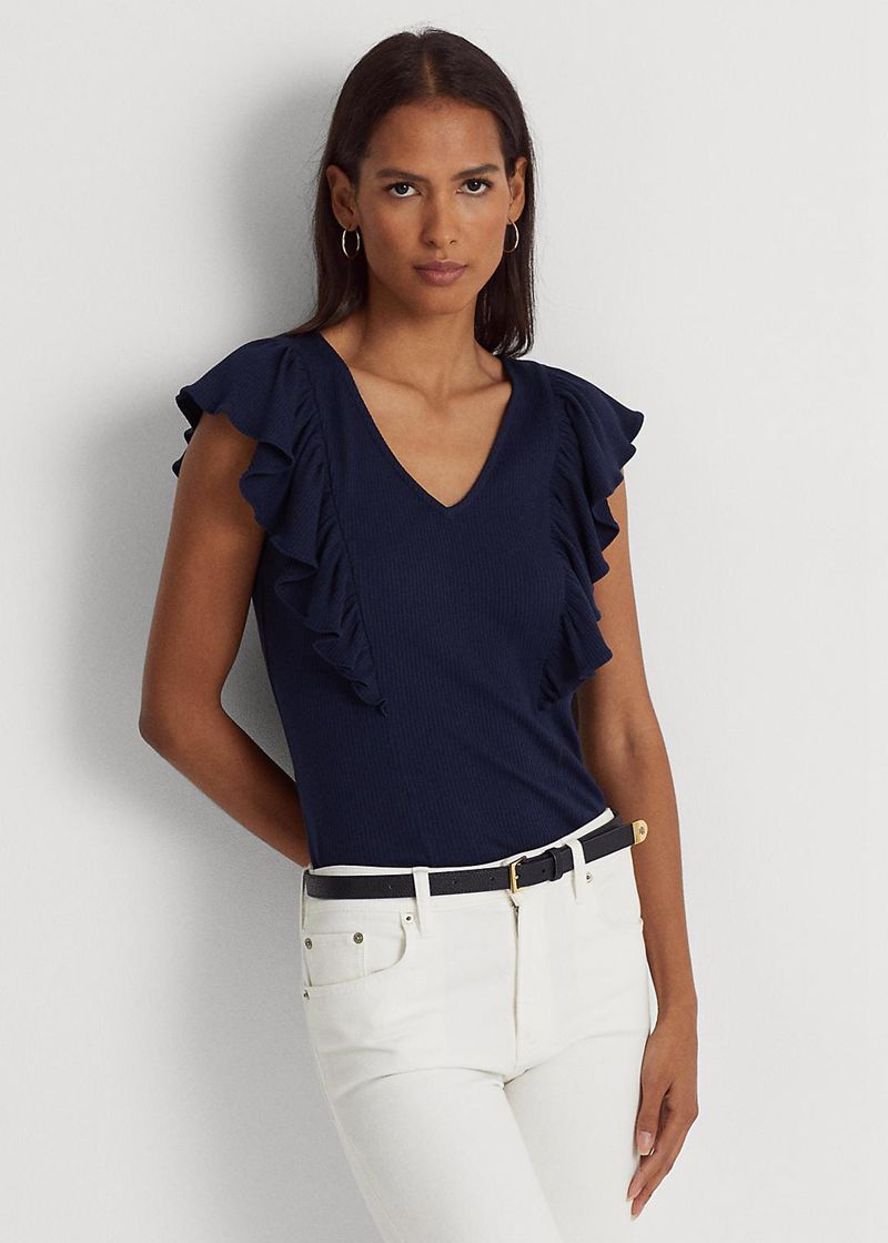 ローレン T シャツ レディース ネイビー Ruffle-trim Rib-knit TSXQE7159